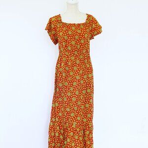 Vintage 70s Red Floral Cotton Short Sleeve Hippie Maxi Dress M- READ